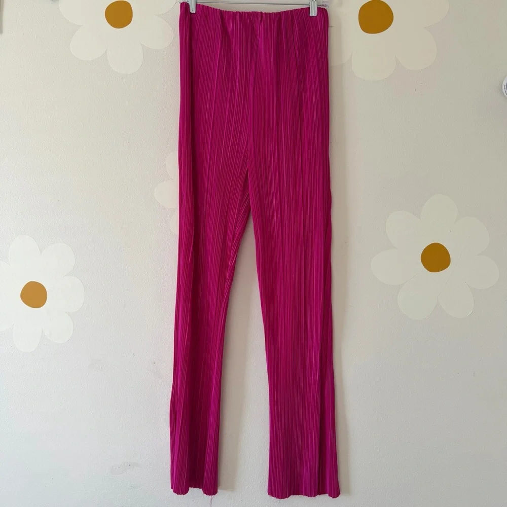 NWT Bohme New In Clara Hot Pink Satin Ribbed Pleated Wide Leg Matching Set